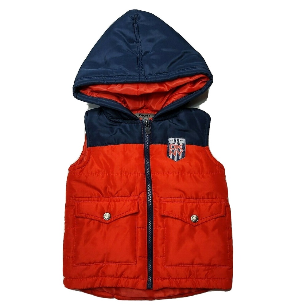 DKNY Baby Toddler 24m Hooded Puffer Vest Red & Blue